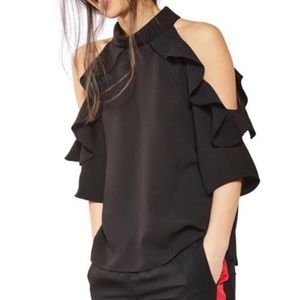 Topshop Black Ruffle Cold Shoulder Blouse EUC